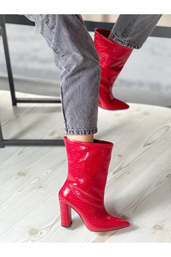 BERFONA PARIS RED QUILTED Patent Leather Heeled SHORT BOOTS BOTTİE