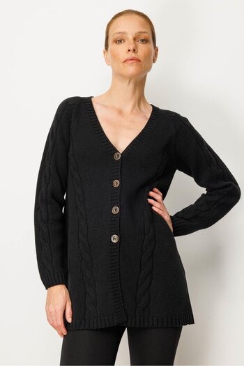 Desen Triko Women's V-Neck Hair Braided Long Wool Cardigan Black