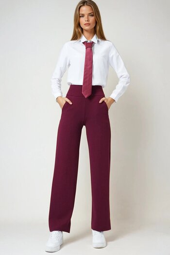 VAGGON Women's Burgundy Wide Belted Double Pocket Palazzo Trousers Vs01028