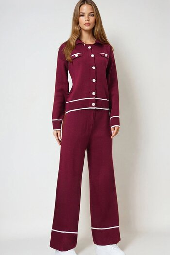 VAGGON Women's Burgundy Contrast Trim Polo Neck Knitwear Cardigan and Pants Set Vs00978