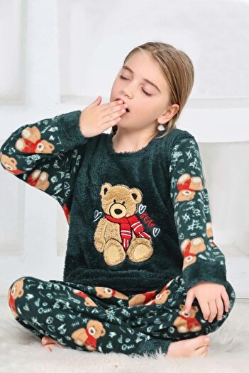 GRI MOR TEKSTIL Girl's Teddy Bear Patterned Eye Patch Plush Fleece Pajama Set