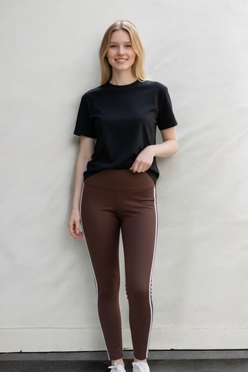 NEWCO High Waist Comfortable Fit Brown Sports Leggings – Side Stripe Detail Flexible and Stylish Everyday Wear