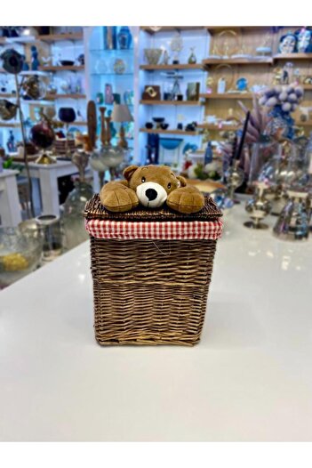 Sever Brown Plush Detail Wicker Organizer Basket 23X13X25Cm