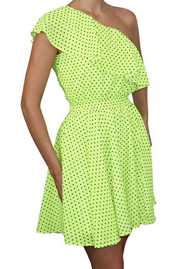 Atelier Anca Socolovschi Women's dress, green with black polka dots, ruffle on shoulder
