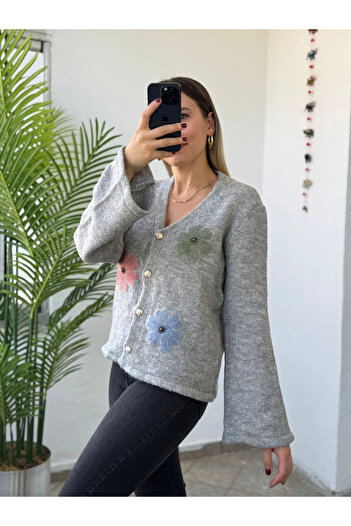 Kubos Moda Floral Detail Spanish Sleeve Gray Women's Cardigan