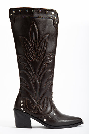 DENORA Bitter Brown Matte Leather Embroidered Studded Pointed Toe Cowboy Western Boots
