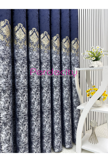 PERDECITY Venus Dark Blue Light Gray Gold Ottoman Pattern Detailed Panel Backdrop Curtain Suitable for All Rooms 1X3 Tightly Pleated