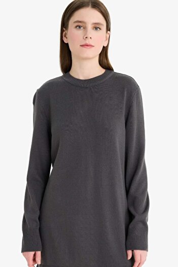 DeFacto Regular Fit Crew Neck Slit Basic Plain Knit Sweater Tunic (25 Wn)
