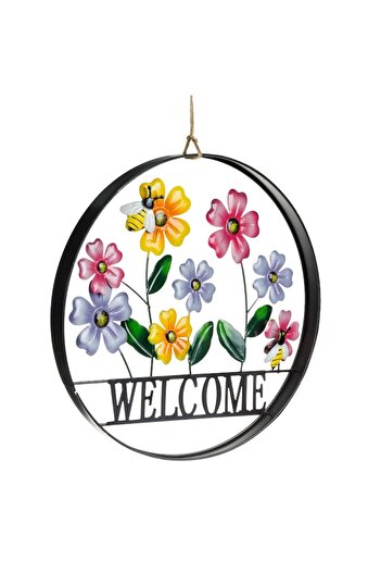SHOPIENS Hanging Garden Decoration Shopiens® Metal 'Welcome' Black Frame with Flowers and Bees, 37 cm