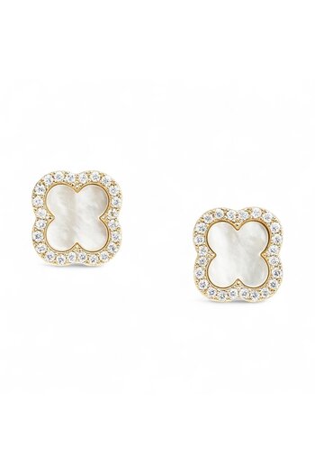 neslyaccessories Vip Series Zircon and Stone Clover Earrings Gold