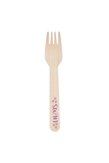SHOPIENS Set 10 wooden forks Little Swan Shopiens® for children's party, with handle in lilac Swan print, 16