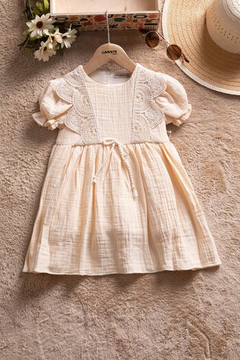 Cansın Mini Cream Muslin Fabric Lace Front Baby Girl Dress 22675