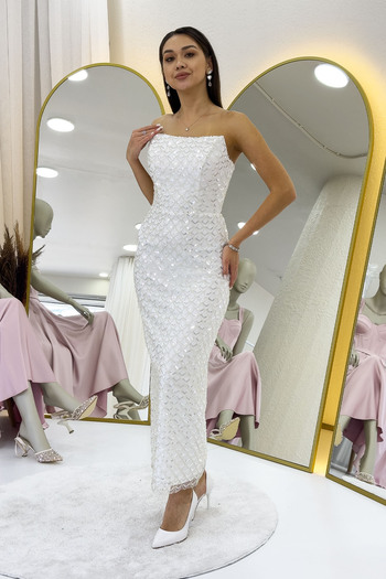 zks grup tekstil Women's Strapless Beaded Midi Length Evening Dress Lilac, Aqua Green, Baby Blue, White, Black, Gold