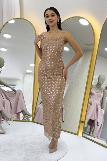 zks grup tekstil Women's Strapless Beaded Midi Length Evening Dress Lilac, Aqua Green, Baby Blue, White, Black, Gold