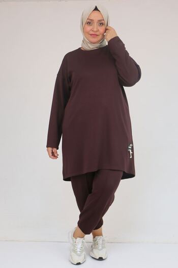 Eslina 47095 Plus Size Modal Pants Suit with Side Embroidery Detail - Brown