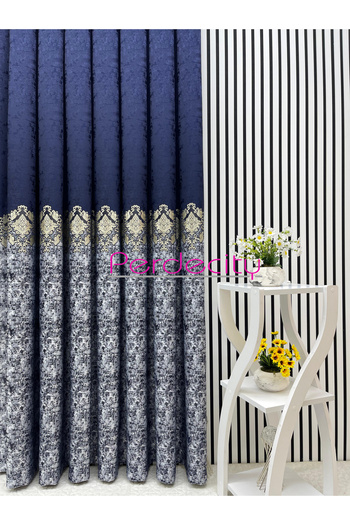 PERDECITY Venus Dark Blue Light Gray Gold Ottoman Pattern Detailed Panel Backdrop Curtain Suitable for All Rooms 1X3 Tightly Pleated