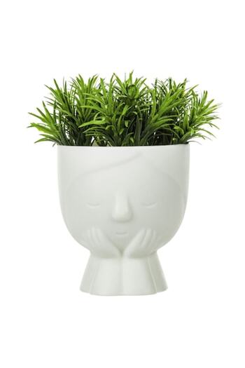 SHOPIENS Decorative Plastic Pot with White, Face Design and Artificial Plant, 9 x 9 x 15 cm