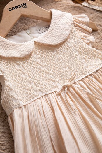 Cansın Mini Cream Sleeves Ruffled Lace Embroidered Baby Girl Dress 22665