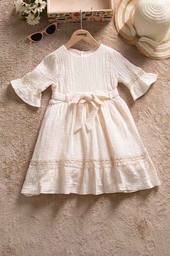 Cansın Mini Cream Sleeves Lace Detailed Belted Girls Muslin Dress 22668