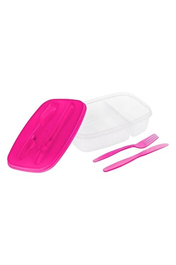 SHOPIENS Set caserola alimente cu tacamuri pentru pranz Shopiens, din plastic transparent, cu capac roz, 1.6