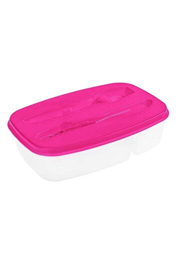 SHOPIENS Set caserola alimente cu tacamuri pentru pranz Shopiens, din plastic transparent, cu capac roz, 1.6