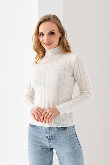 Wega Moda Pulover pentru femei cu guler înalt – Pulover de iarnă cu dungi |   100% lână - Pulover cu textura moale