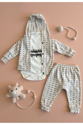 Tuabella 100% Cotton 3-Piece Baby Boy Set (Snap Fastener Bodysuit + Cardigan + Bottoms)