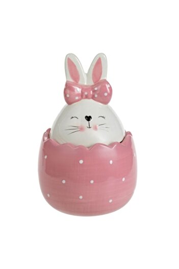 SHOPIENS Decorative ceramic cookie jar Shopiens®, pink egg shape with white polka dots, white bunny lid, and