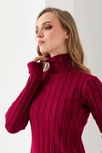 Wega Moda Pulover pentru femei cu guler înalt – Pulover de iarnă cu dungi |   100% lână - Pulover cu textura moale