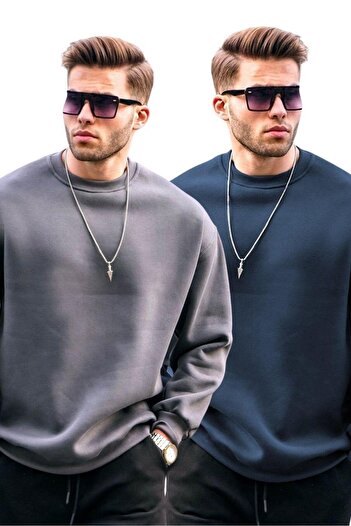 Madmext Smoked/Navy Blue Crew Neck Oversize Ribbed Basic Men's 2-Pack Sweatshirt E7447