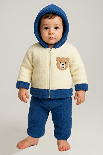 Bubito Bear Embroidered Winter Plush Welsoft 2-Piece Hooded Set-Blue