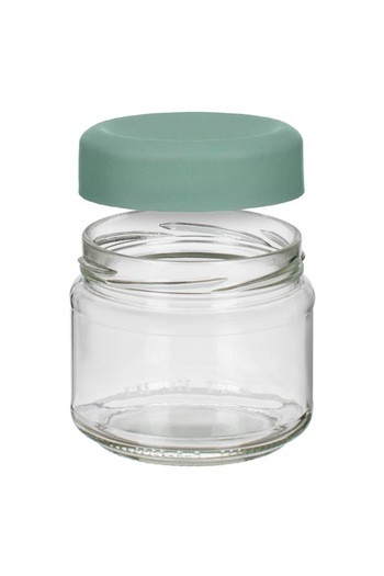 SHOPIENS Transparent Glass Storage Jar with Green Plastic Lid, Round, 330 ml