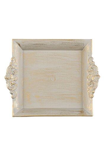 SHOPIENS Platou Decorativ Patrat Plastic Bej Auriu Brushed cu Design Sculptat 23x19.5x2.5cm