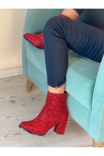 BERFONA Star Red Stone Heeled Boots Bottie