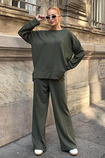 Keyifli Moda Women's Khaki Crew Neck Elastic Waist Wide Leg Two-Piece Set