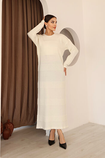ALCHON Round Crew Neck Low Long Sleeve Thessaloniki Knitted Detailed Ankle Length Soft Winter Knitwear Dress