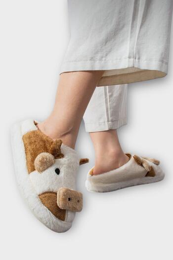Liger Χειμερινές παντόφλες σπιτιού Unisex με αντιολισθητική σόλα με κέντημα με φιγούρα αγελάδας ΛΕΥΚΟ - ΚΑΦΕ