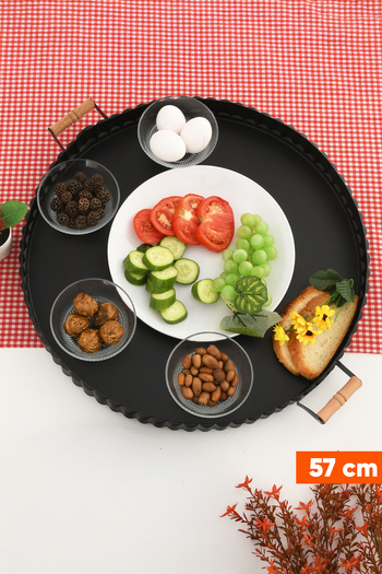 AKSESUAR EVRENİ Milano 57 cm Black Presentation Metal Serving Tray Set Breakfast Wooden Handle Treat Tray