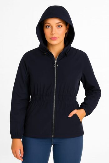 enmodaiçgiyim Navy Blue Waterproof Women's Trench Coat |   Lined Hooded Drawstring Detailed Raincoat Jacket – Two Pockets