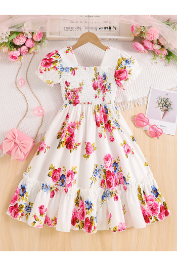 Take Two By Styli Girls White Floral Print Puff Sleeve Dress