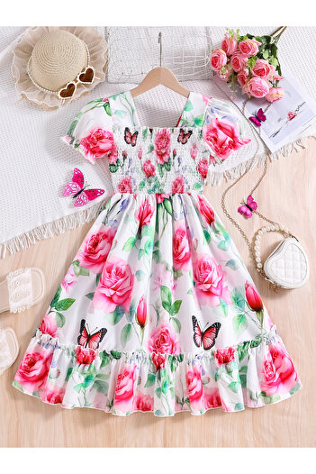 Take Two By Styli Girls Graphic Print Puff Sleeve Dress