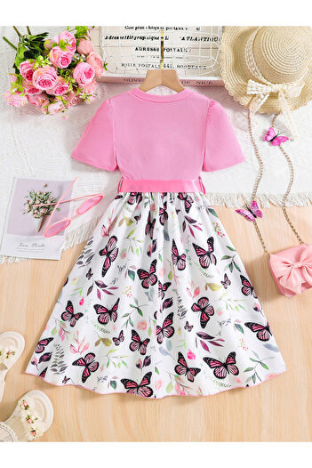 Take Two By Styli Girls Butterfly Print Bow Detail Dress