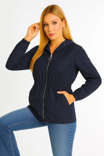enmodaiçgiyim Navy Blue Waterproof Women's Trench Coat |   Lined Hooded Drawstring Detailed Raincoat Jacket – Two Pockets
