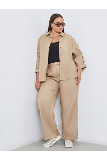 Styli Plus Beige Straight Fit Trousers with Side Tape