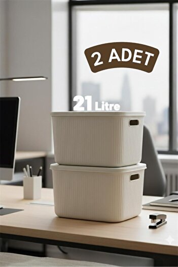 Bayev 2 Pieces 21 Lt Colors Cream Office Closet Organizer Organizer Toy Box Storage Box with Lid