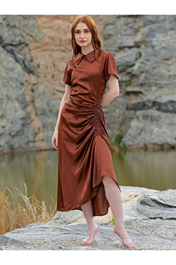 Freehand By Styli Women Brown Satin Ruched Asymmetric Dress