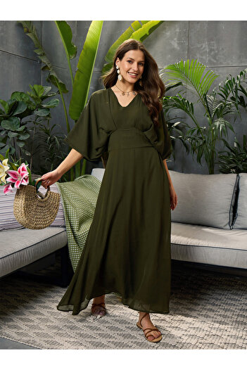 Sassafras By Styli Olive Solid Kimono Sleeve Maxi Dress