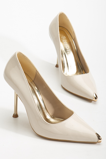RİSSOLİ Women's Beige Patent Leather Toe Gold Detailed Thin Heeled Stiletto