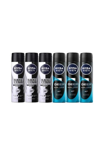 NIVEA Set 6 X Deodorante Spray Anti-Perspirant Nivea, 3 X Black & White Invisible Original, 3 X Deep Black