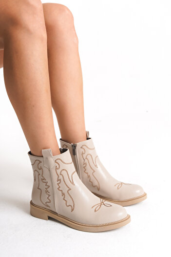 Bak Store Beige Leather Embroidered Western Cowboy Flat Women's Boots